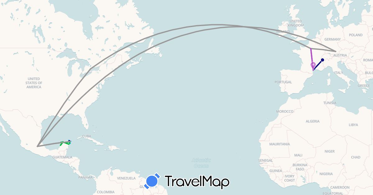 TravelMap itinerary: driving, bus, plane, train, boat in Canada, Germany, France, Mexico (Europe, North America)